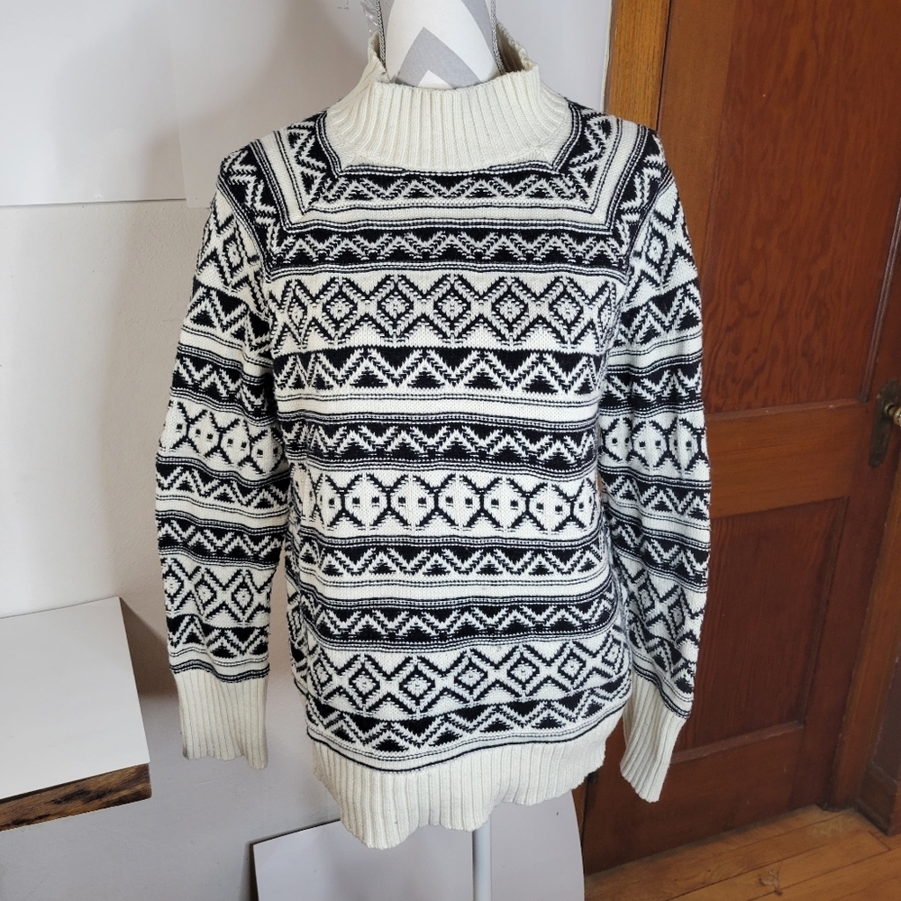 Womans Chaps Black and Cream Mock Turtleneck Sweater Cotton Blend Size Large